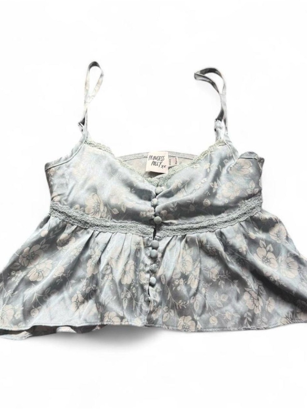 Princess Polly Pale Blue Floral Lace-Trim Peplum Cami